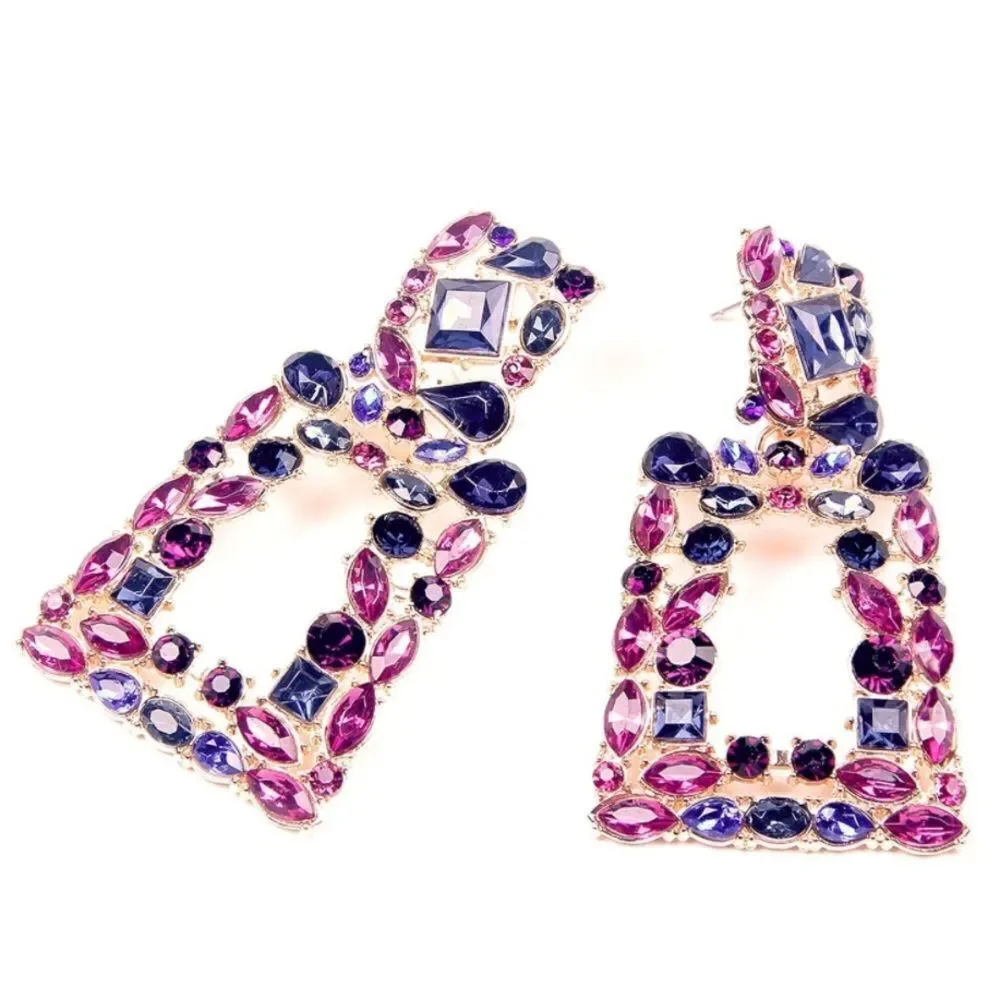 Yellow Gold with Amethyst and Blue Sapphire Crystal Geometric Rectangle Earrings